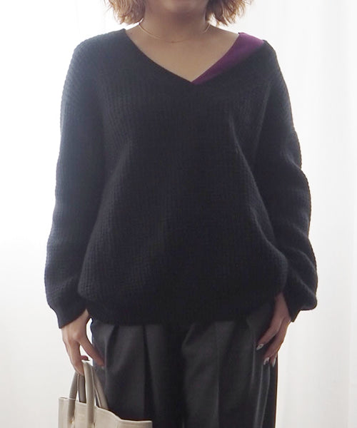 ウールカシミアワッフルVネックセーター