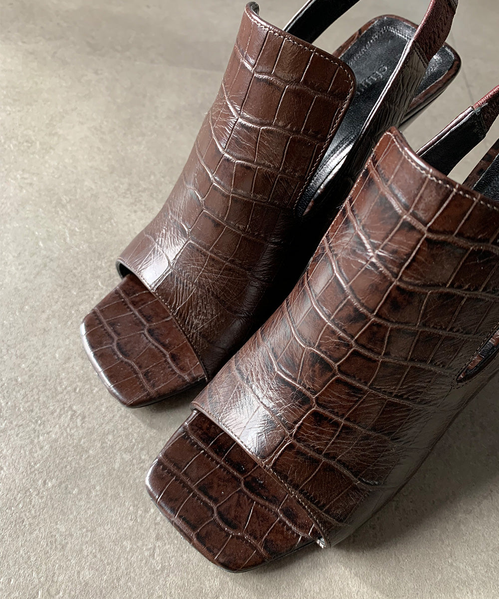 型押しレザーバックストラップサンダル(Brown)36